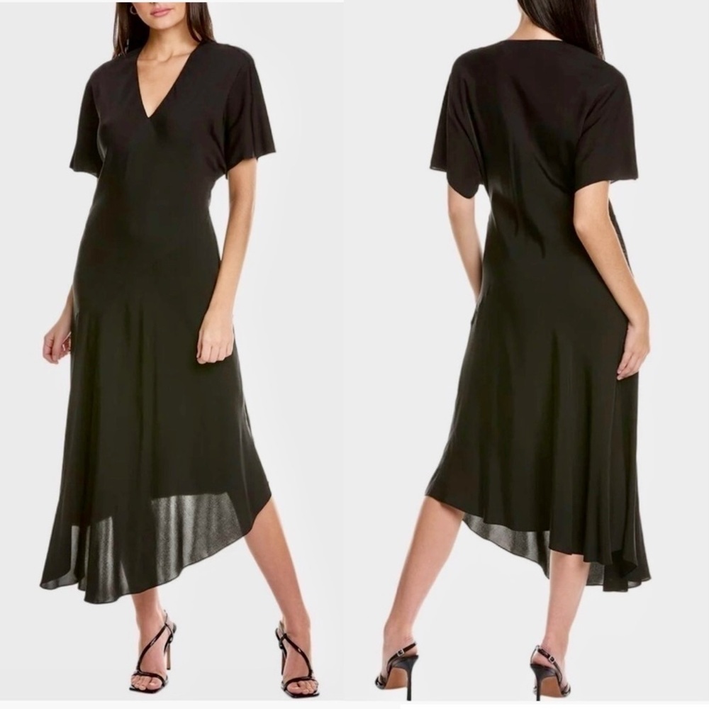 Theory Georgette Women’s Silk Asymmetrical Flutter Short Sleeve Vneck Midi Dress